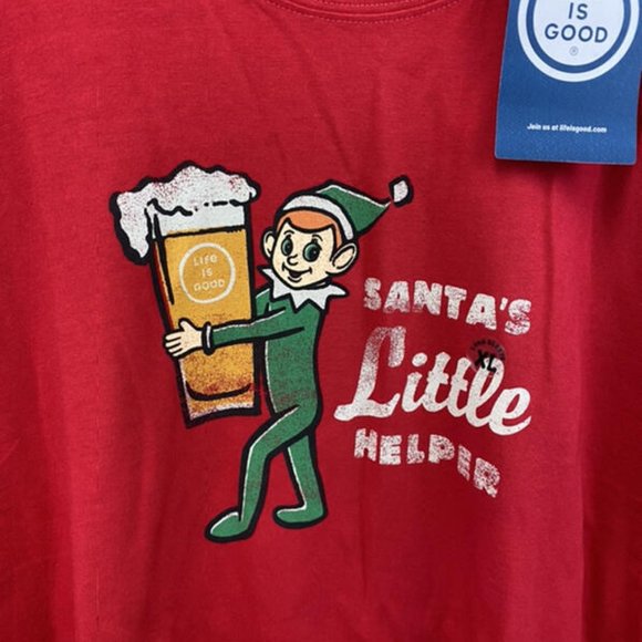NWT Life Is Good XL L Santas Little Helper Beer Elf Shirt Red Long Sleeve Mens - Picture 2 of 5